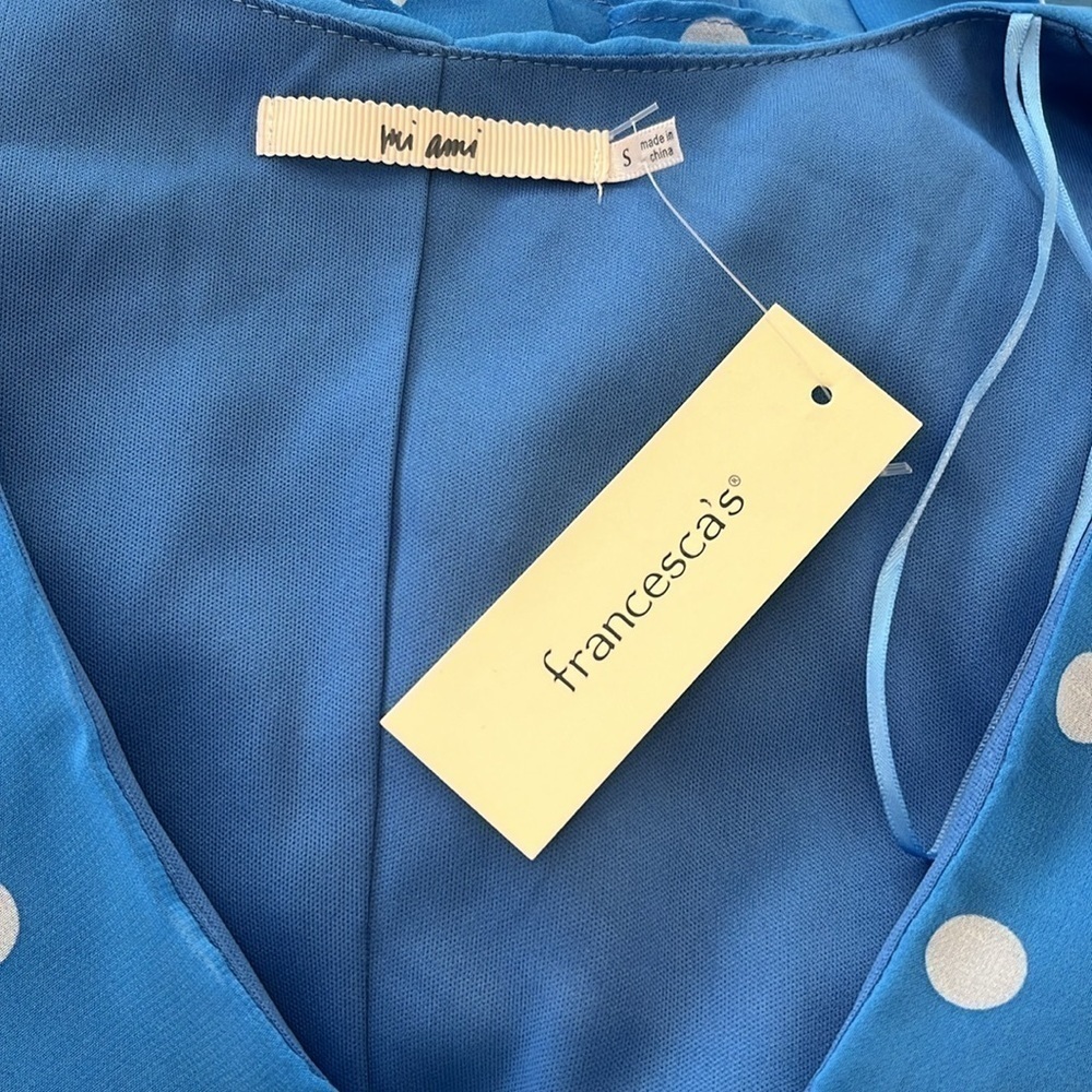 Francesca’s Mi ami Blue Polka Dot Wrap Mini Dress with Ruffle Size Small - Picture 9 of 11